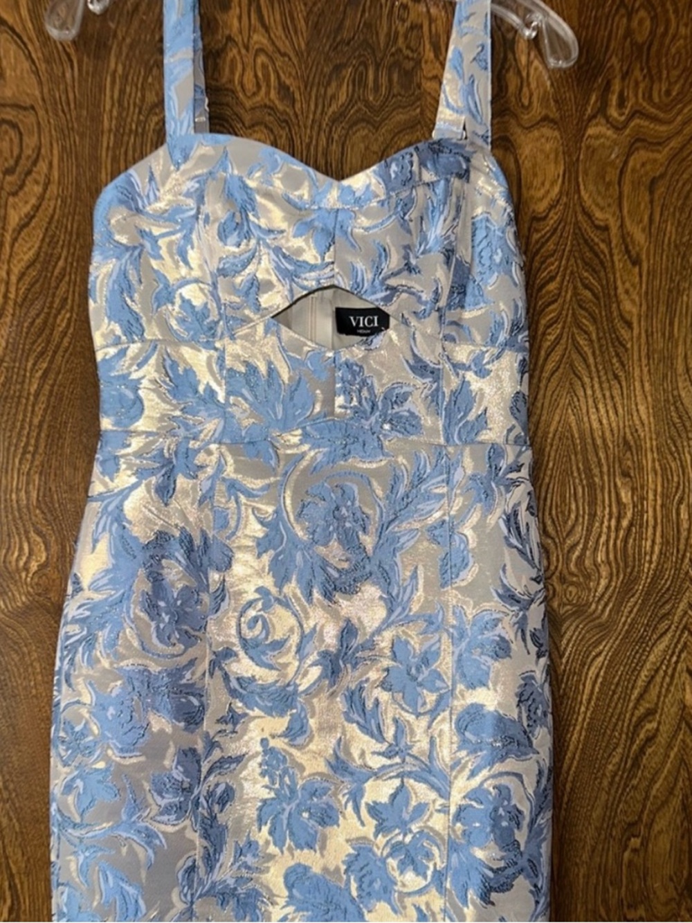 VICI Light Blue and Cream Floral Brocade Midi Dress